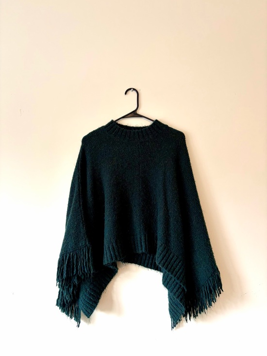 Zara Sweaters - Zara Dark Green Fringe Poncho